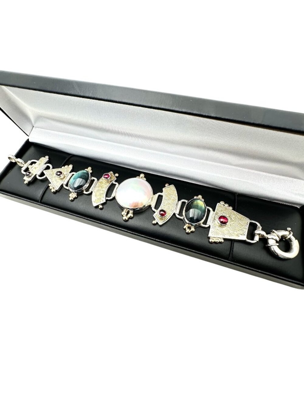 Rare Tricia Young 14K Gold Sterling Silver Pearl Garnet Bracelet